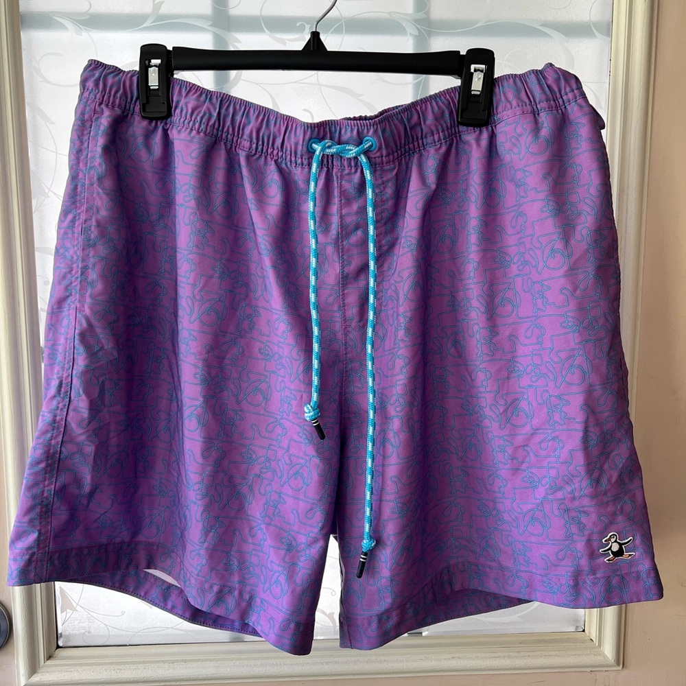 Original Penguin XXL men’s swimming trunks, purple with a blue abstract design.
